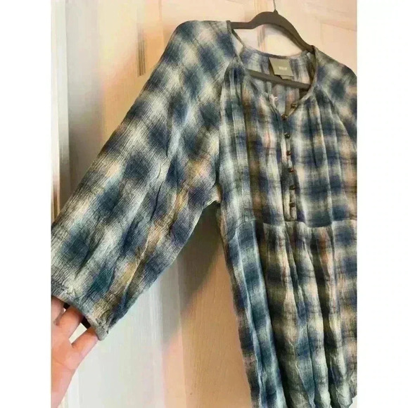 Maeve Anthropologie Small Blue Plaid Blouse Button Up Long Sleeve Top Round Neck - Picture 3 of 7